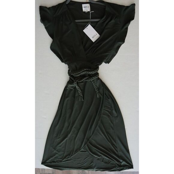 MISA Los Angeles Women's Sz XS Olive Green Irina Wrap Dress w/Braided Rope Belt - Picture 3 of 11